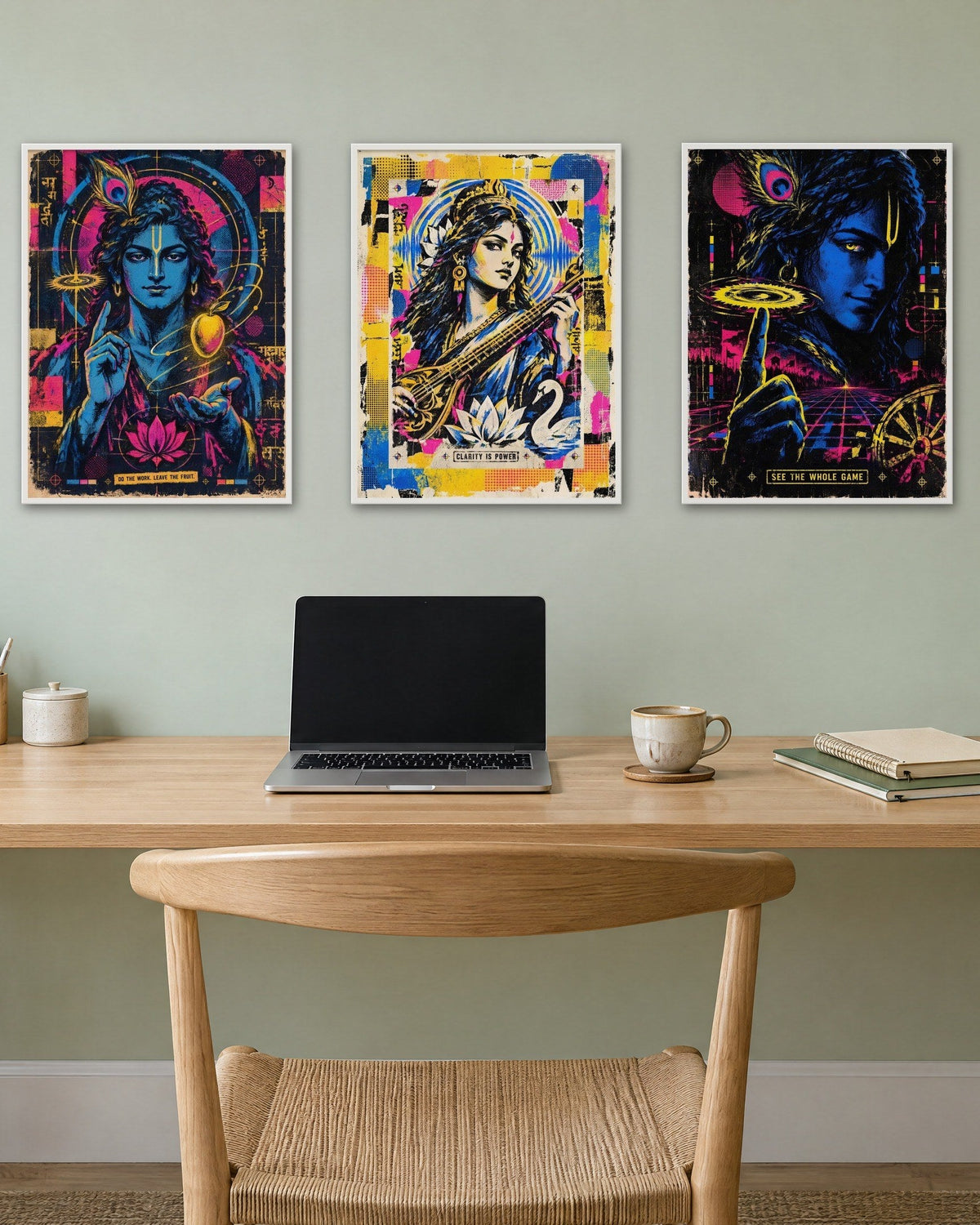 Krishna and Saraswati framed prints above a study desk