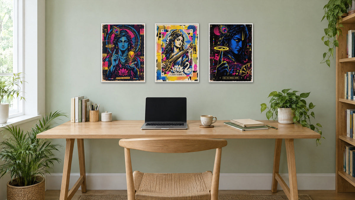 Krishna and Saraswati framed prints above a study desk