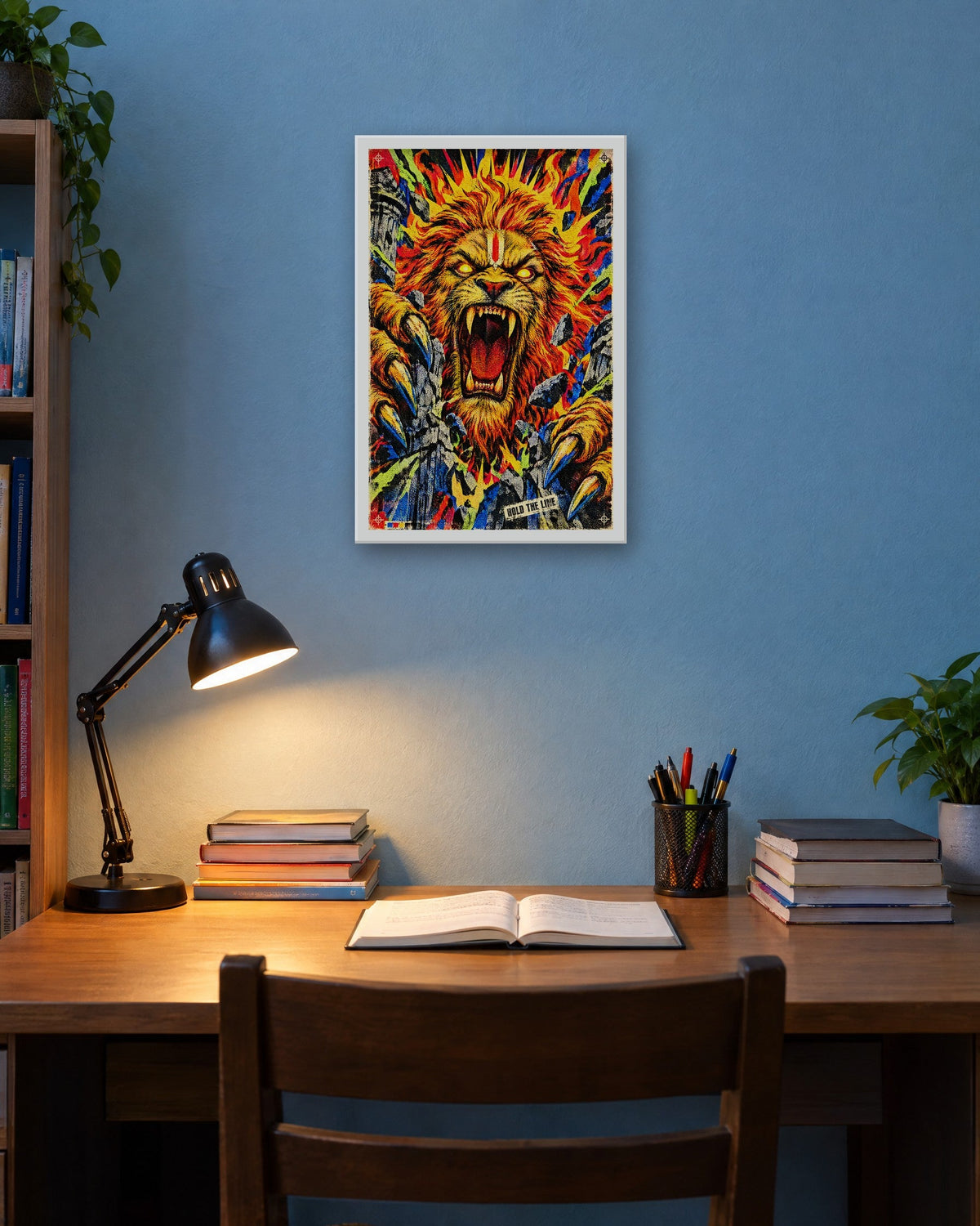 Hold The Line – Narasimha framed poster, white frame in a room