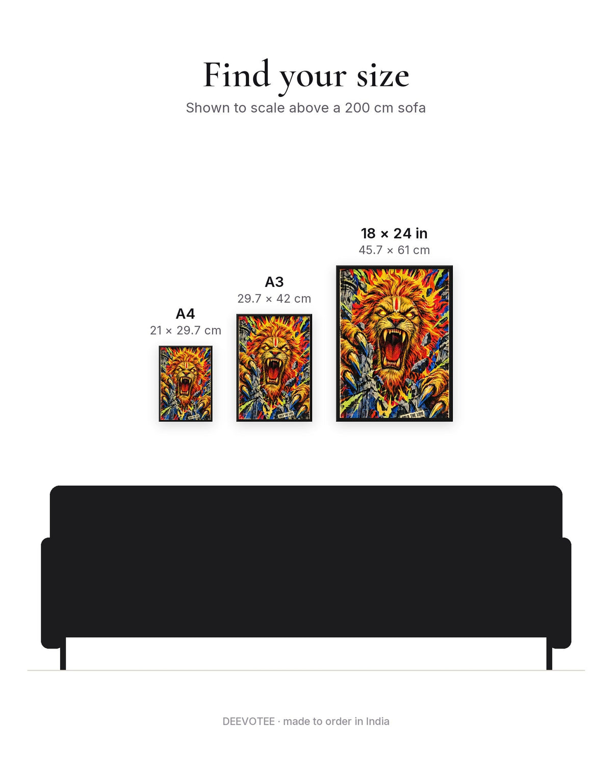 Hold The Line – Narasimha framed poster, size guide to scale