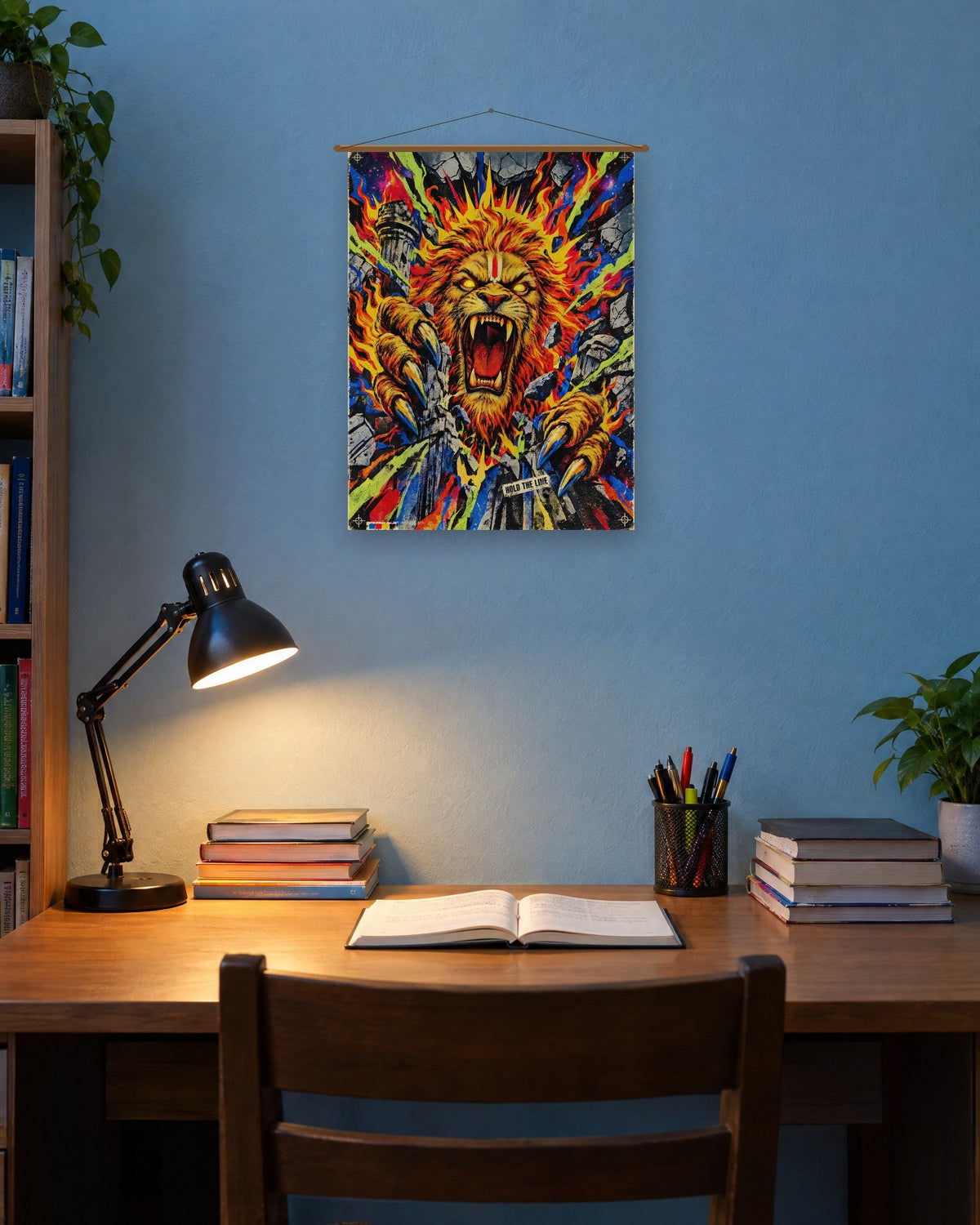 Hold The Line – Narasimha tapestry, tapestry in a room
