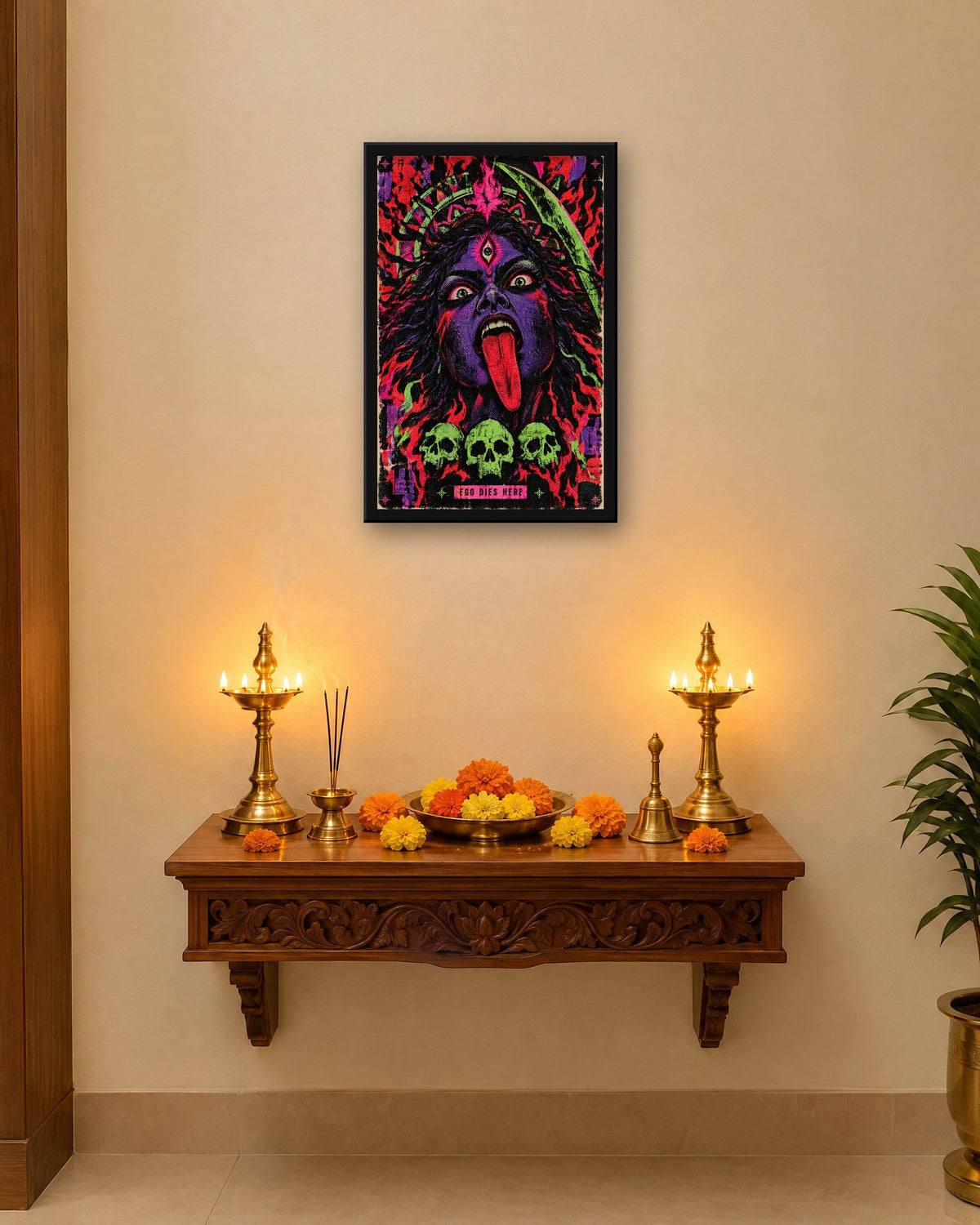 Ego Dies Here – Kali framed poster, framed print in a room
