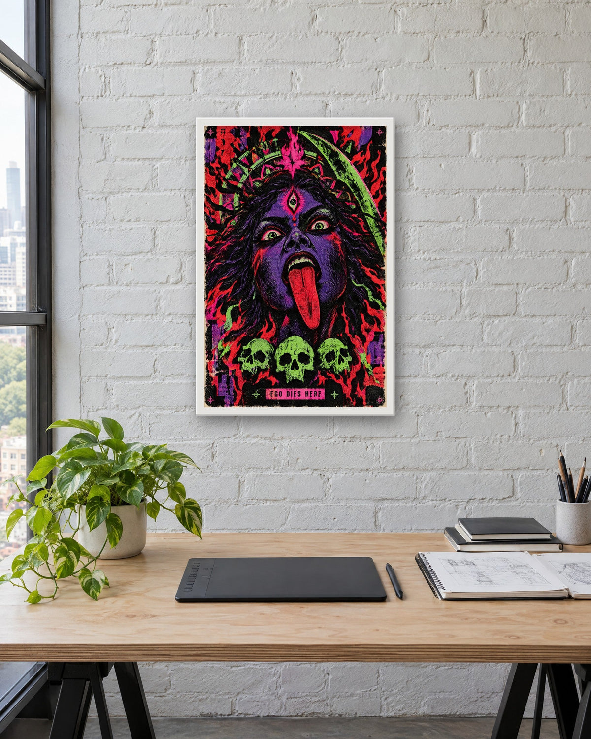 Ego Dies Here – Kali framed poster, white frame in a room
