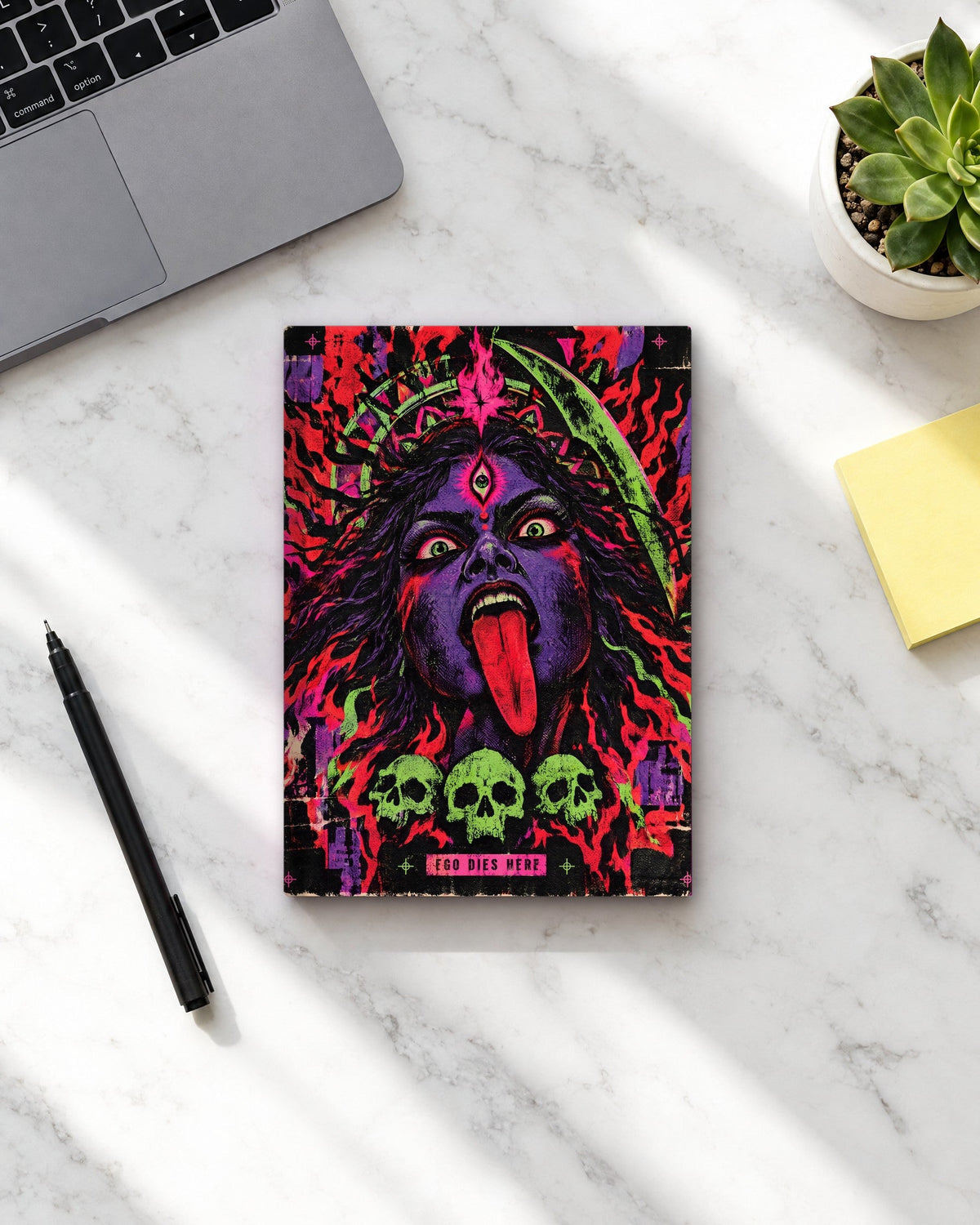 Ego Dies Here – Kali daily planner, planner on a desk
