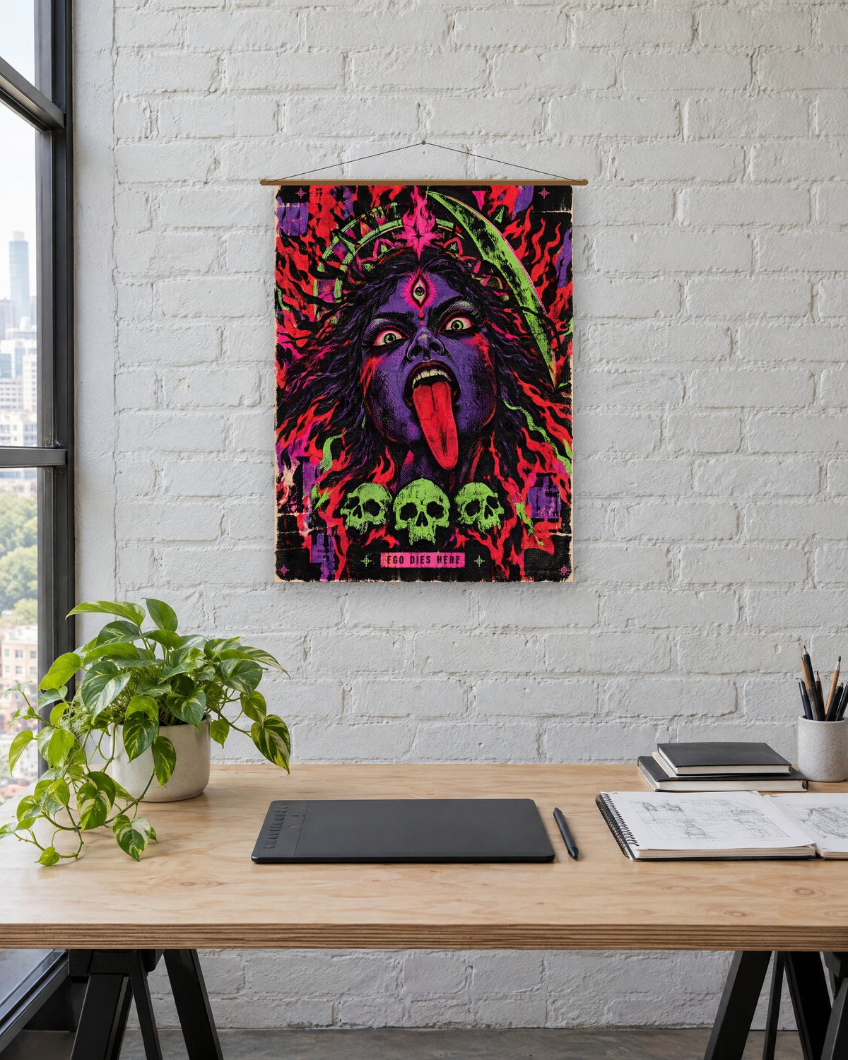 Ego Dies Here – Kali tapestry, tapestry in a room