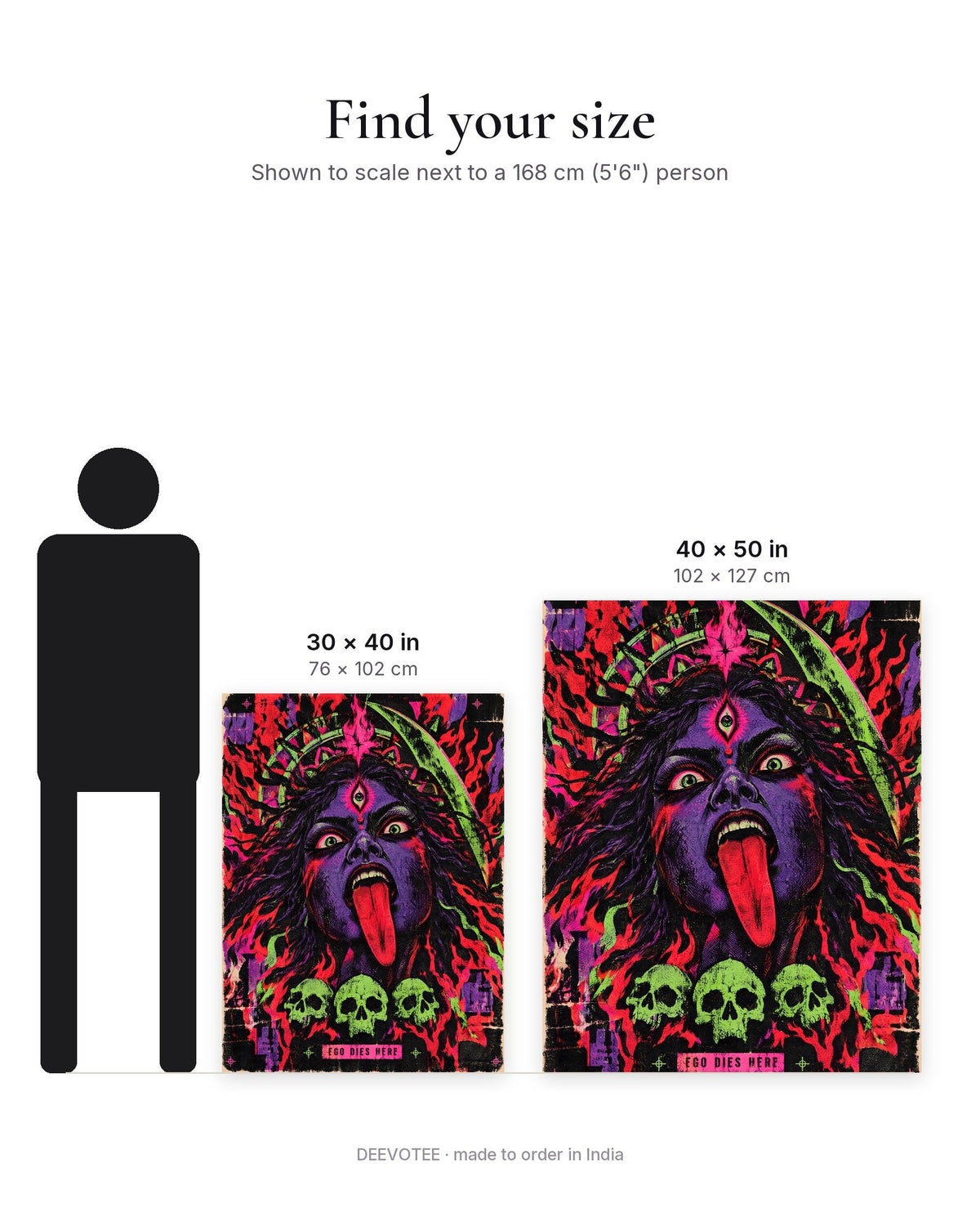 Ego Dies Here – Kali tapestry, size guide to scale
