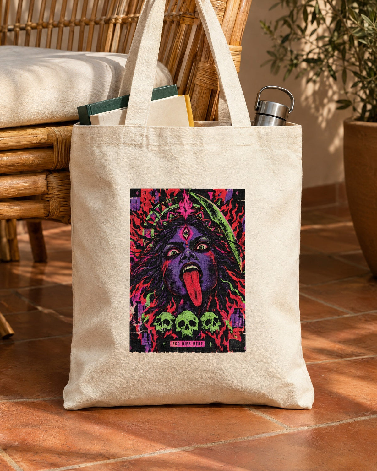 Ego Dies Here – Kali tote bag, tote bag in use