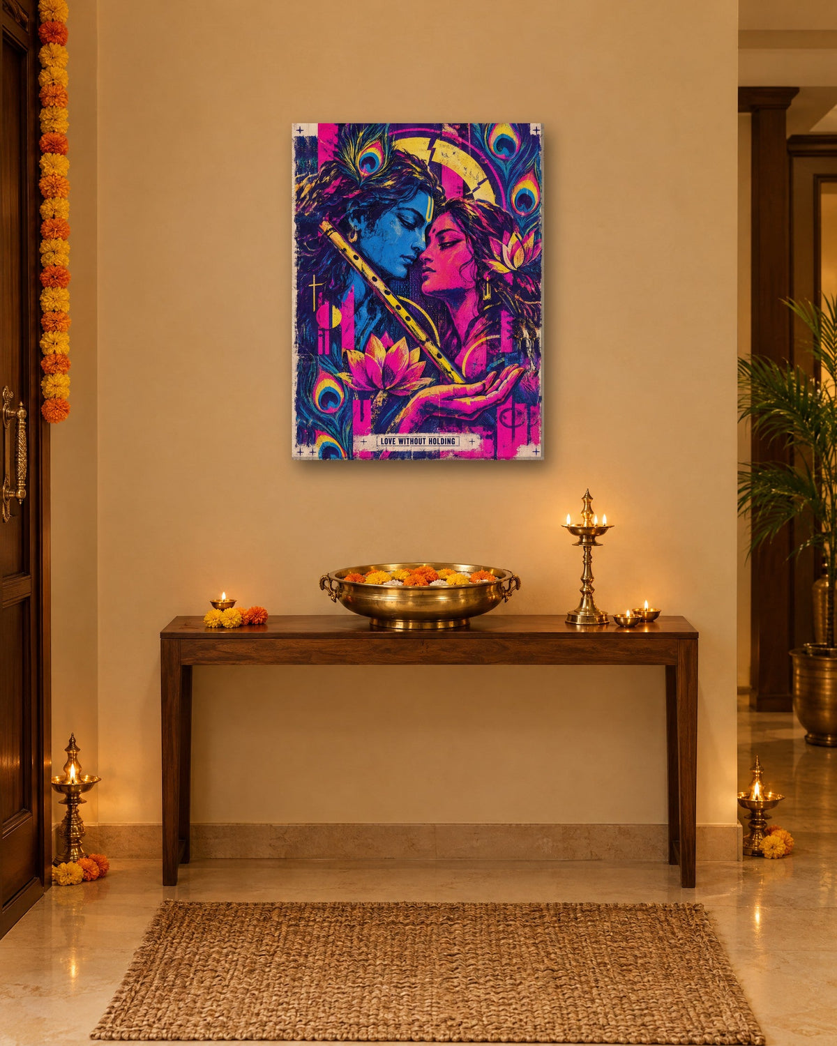 Love Without Holding – Radha Krishna canvas, canvas in a second room