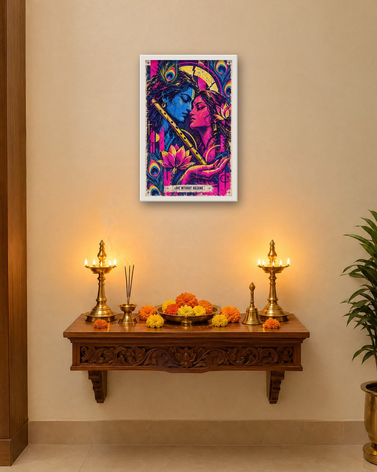 Love Without Holding – Radha Krishna framed poster, white frame in a room