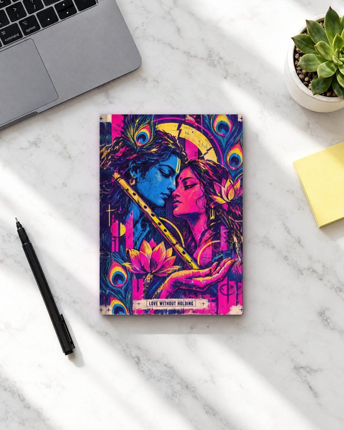 Love Without Holding – Radha Krishna notebook, notebook on a marble desk