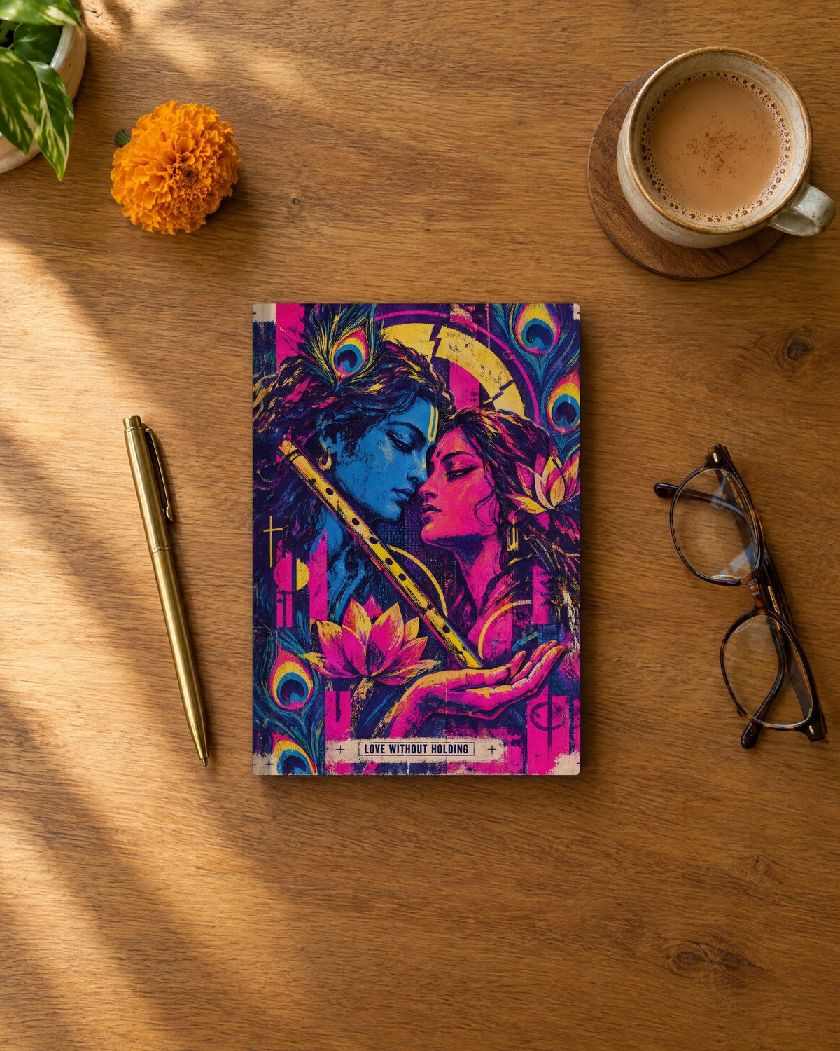 Love Without Holding – Radha Krishna daily planner, planner on a wooden desk