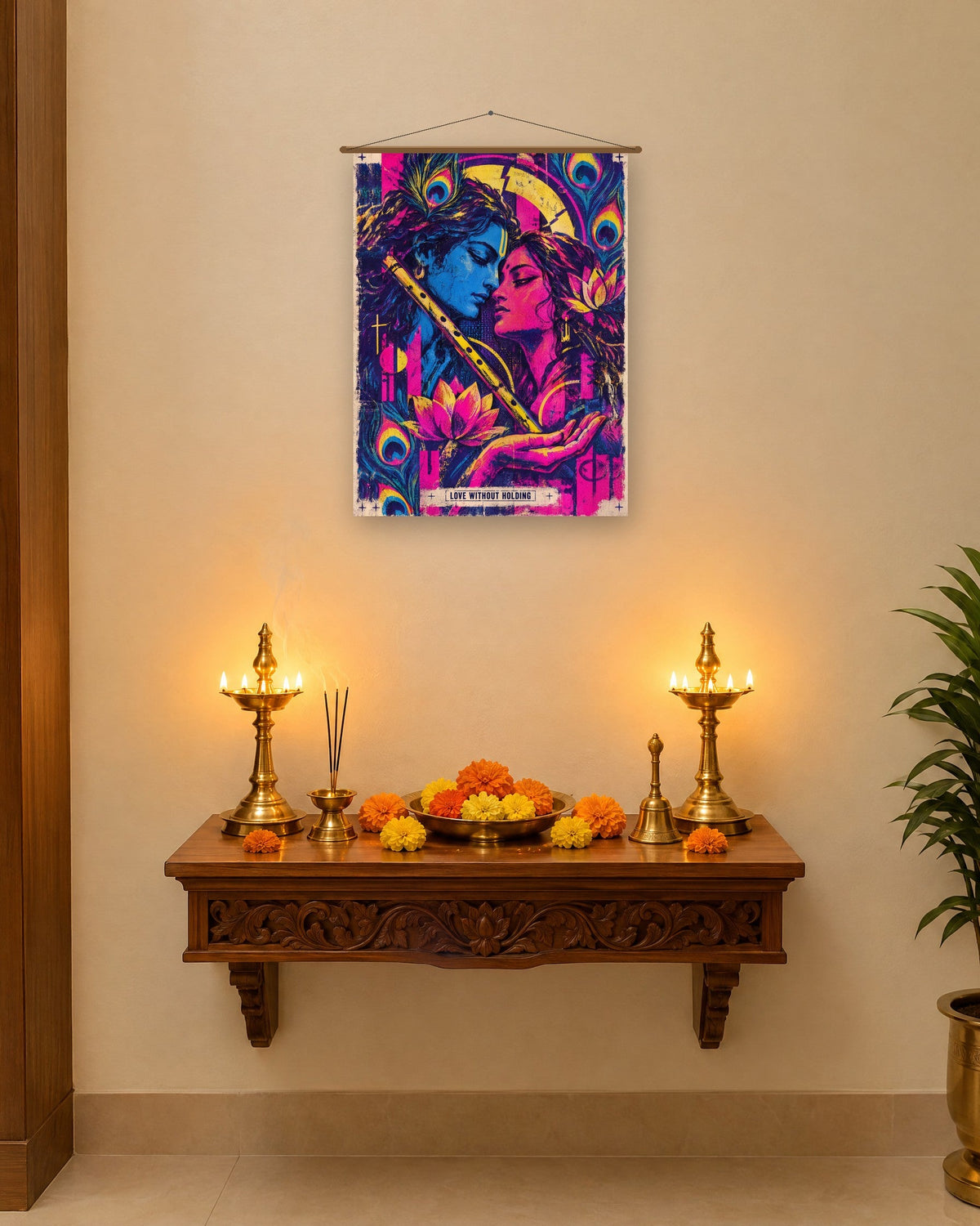 Love Without Holding – Radha Krishna tapestry, tapestry in a room