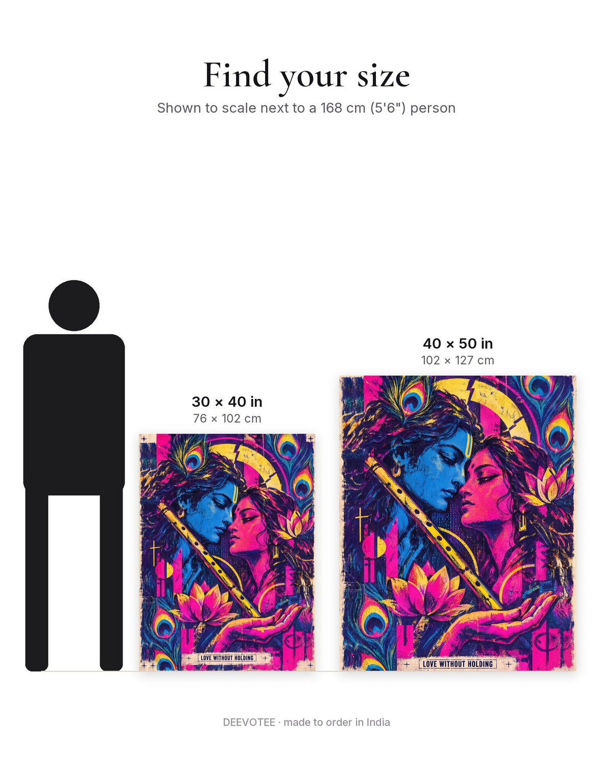 Love Without Holding – Radha Krishna tapestry, size guide to scale
