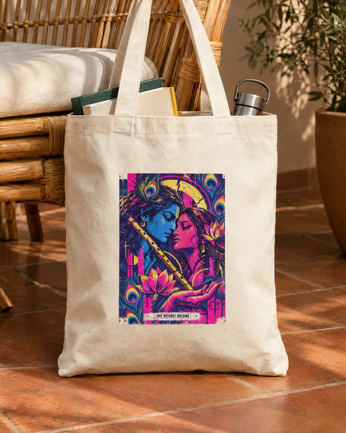 Love Without Holding – Radha Krishna tote bag, tote bag in use