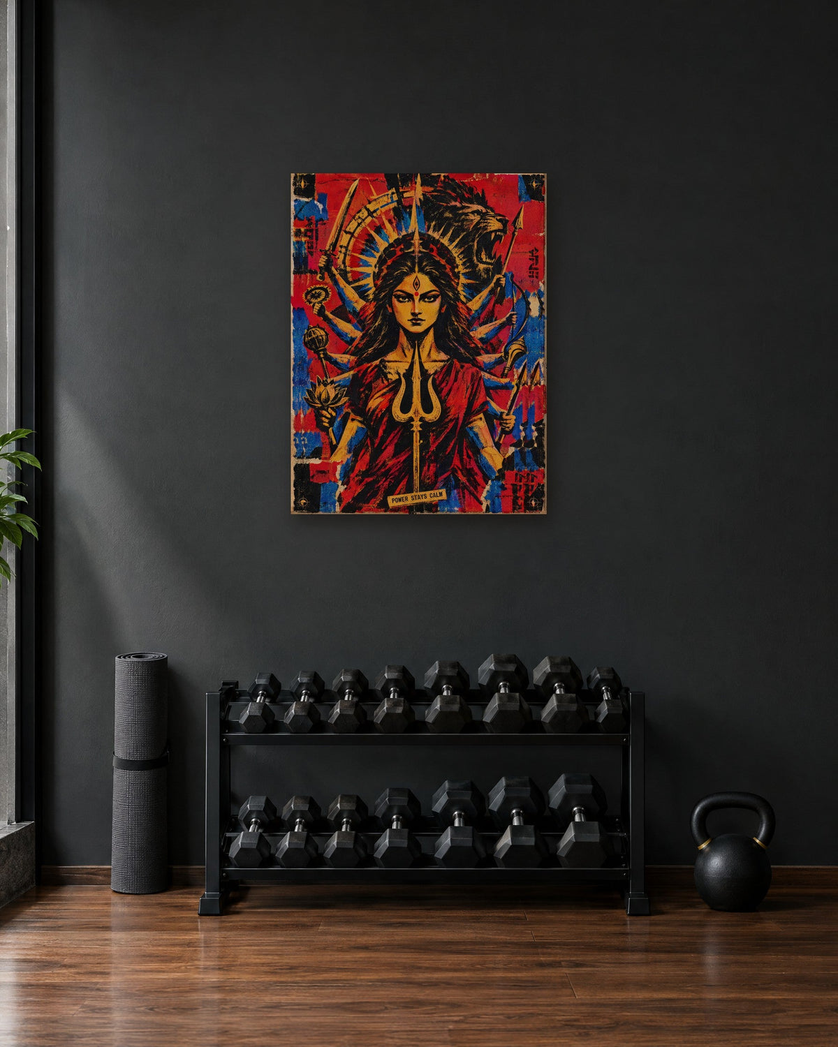 Power Stays Calm – Durga canvas, canvas in a second room