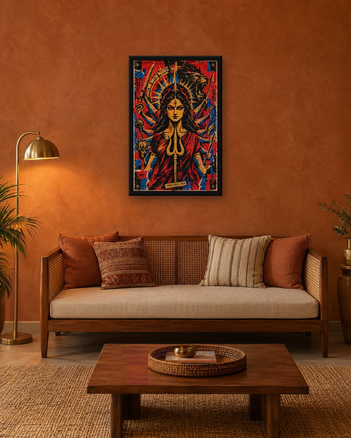 Power Stays Calm – Durga framed poster, framed print in a room