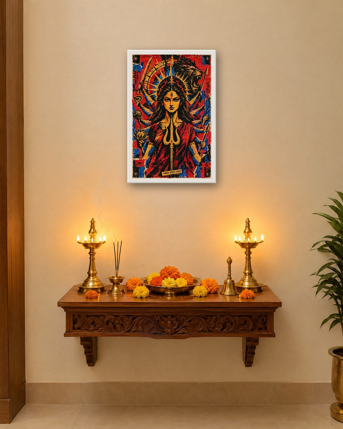 Power Stays Calm – Durga framed poster, white frame in a room