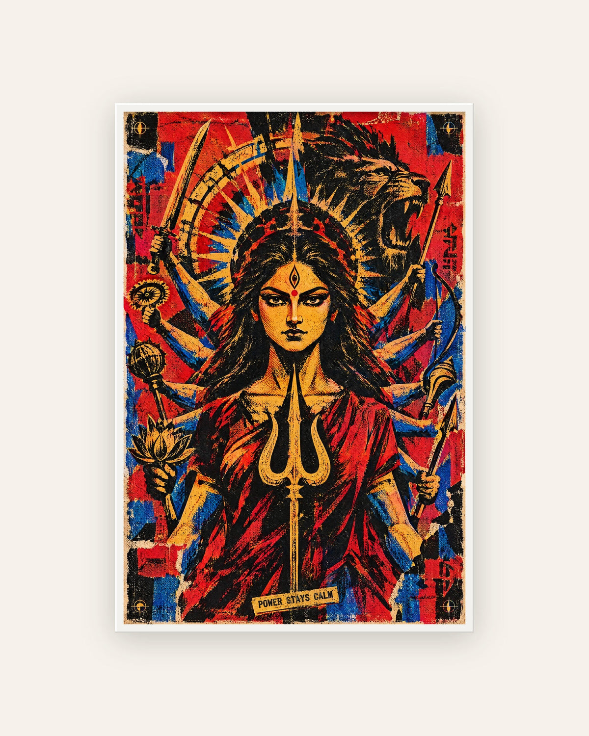 Power Stays Calm – Durga framed poster, framed print, white frame