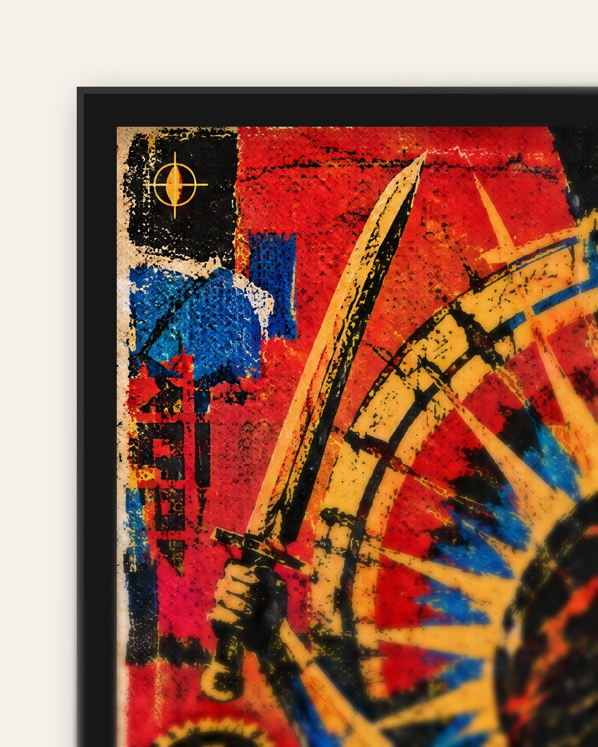 Power Stays Calm – Durga framed poster, frame corner close-up