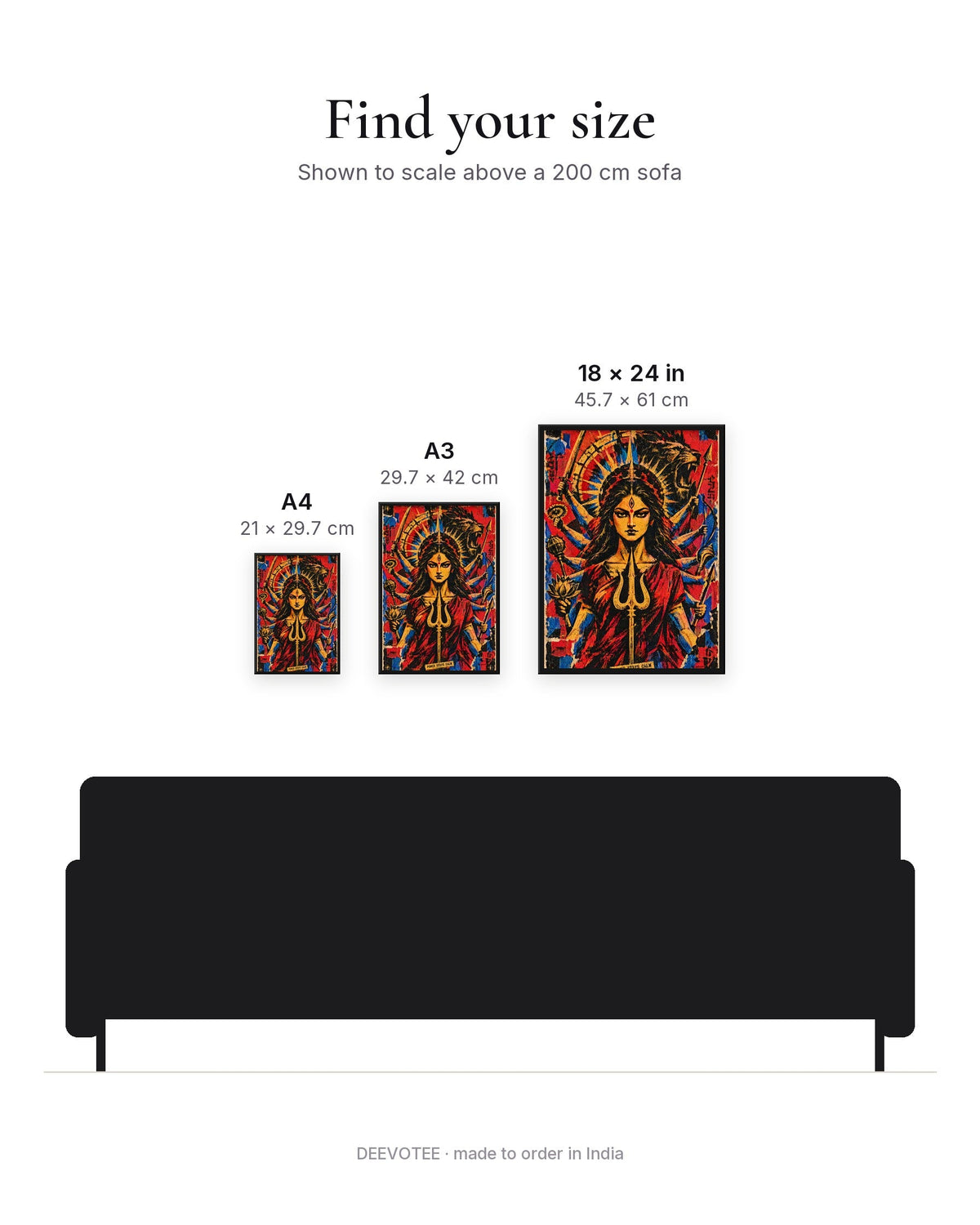 Power Stays Calm – Durga framed poster, size guide to scale