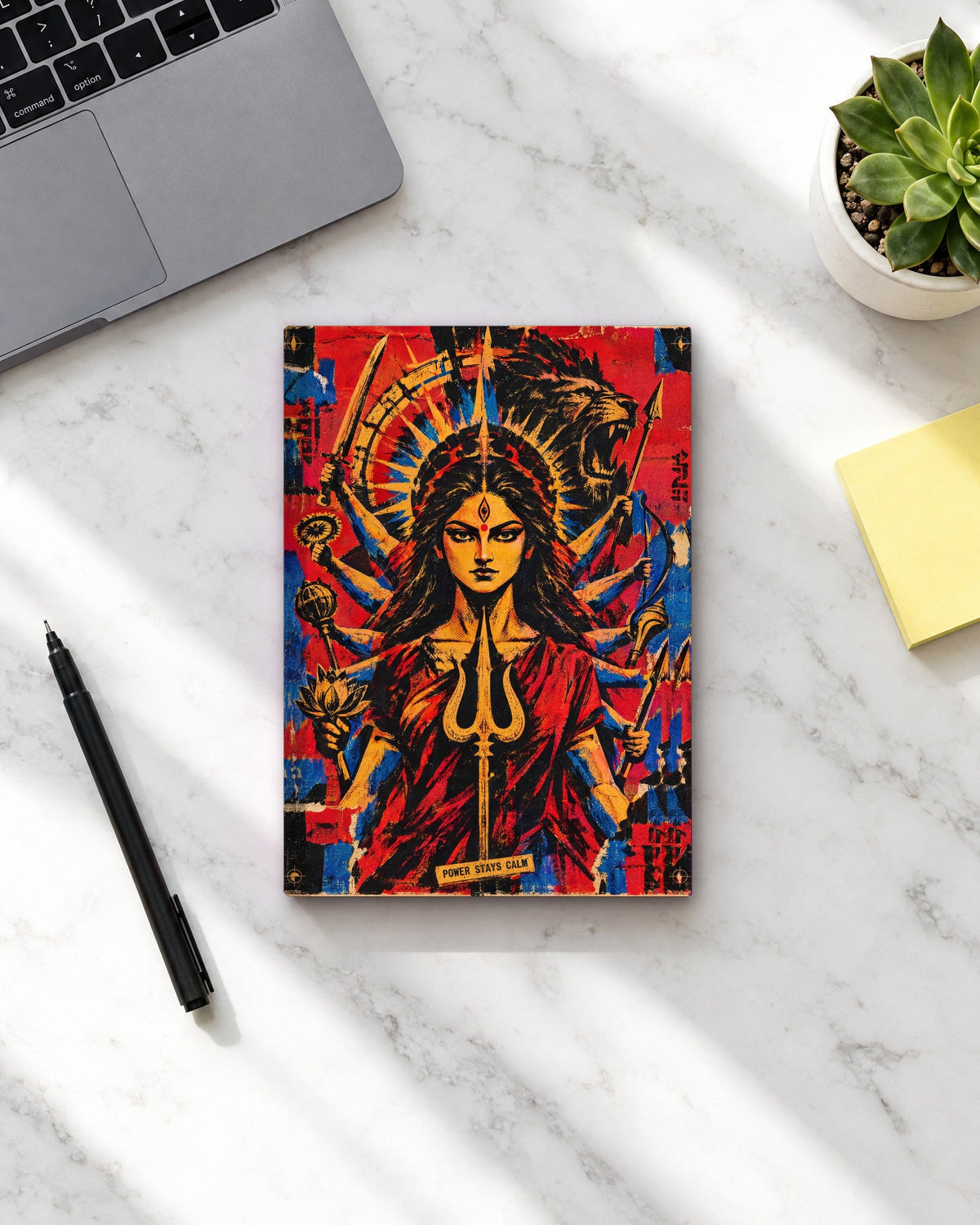 Power Stays Calm – Durga daily planner, planner on a desk
