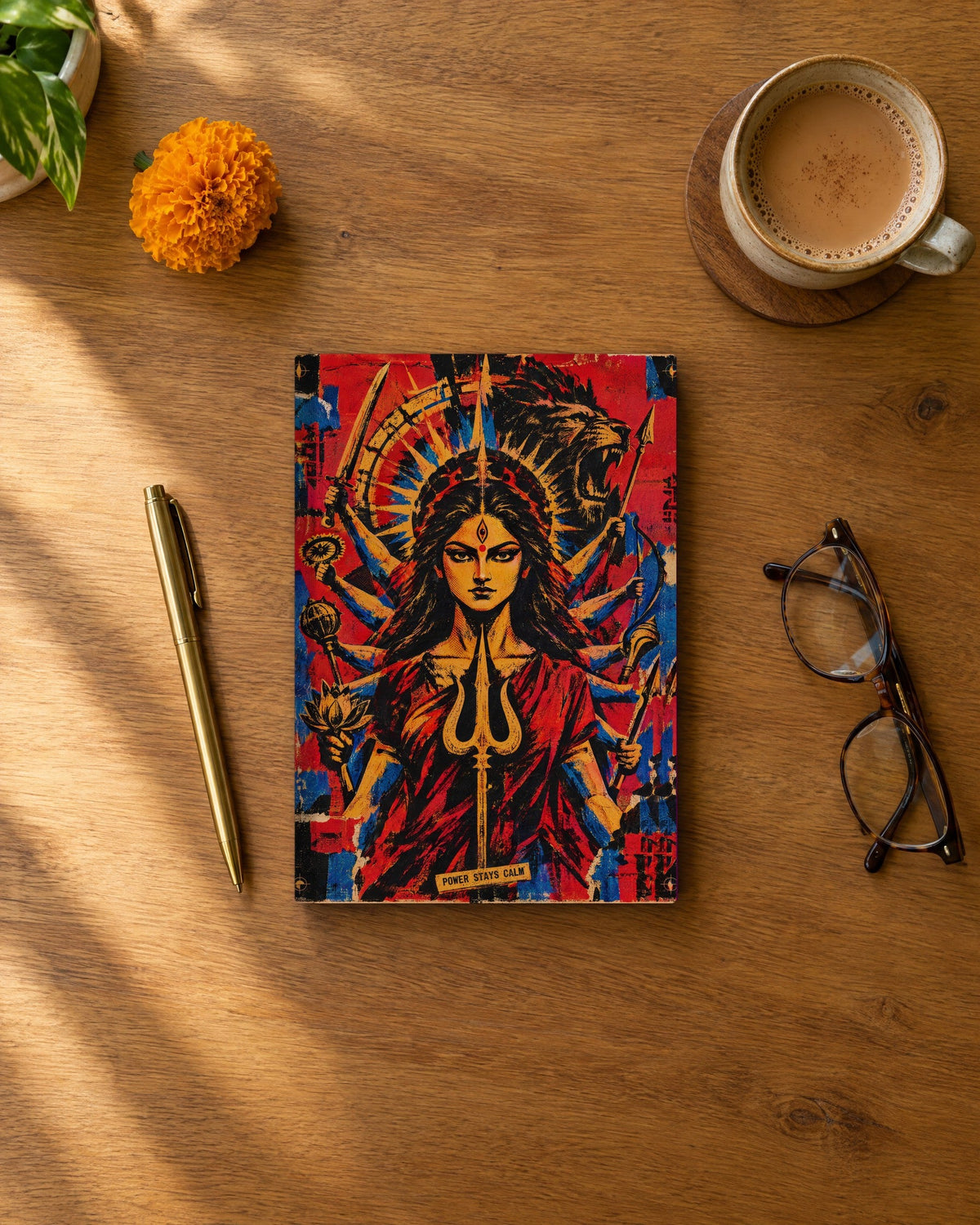 Power Stays Calm – Durga daily planner, planner on a wooden desk