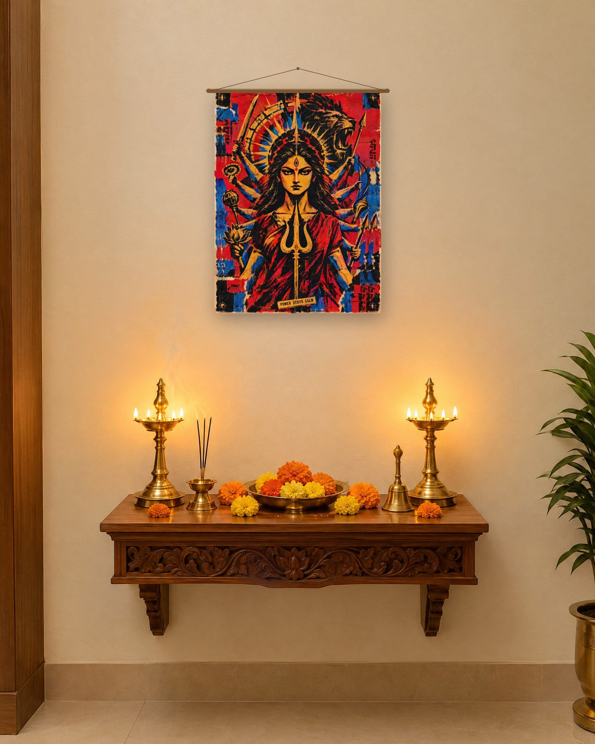 Power Stays Calm – Durga tapestry, tapestry in a room