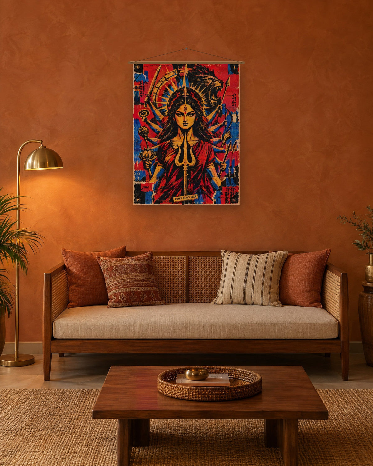 Power Stays Calm – Durga tapestry, tapestry in a second room