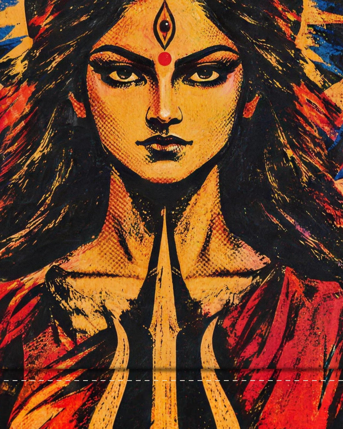 Power Stays Calm – Durga tapestry, fabric close-up