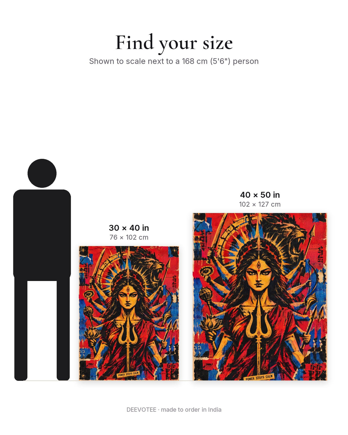 Power Stays Calm – Durga tapestry, size guide to scale