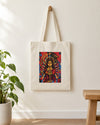 Power Stays Calm – Durga tote bag, tote bag hanging
