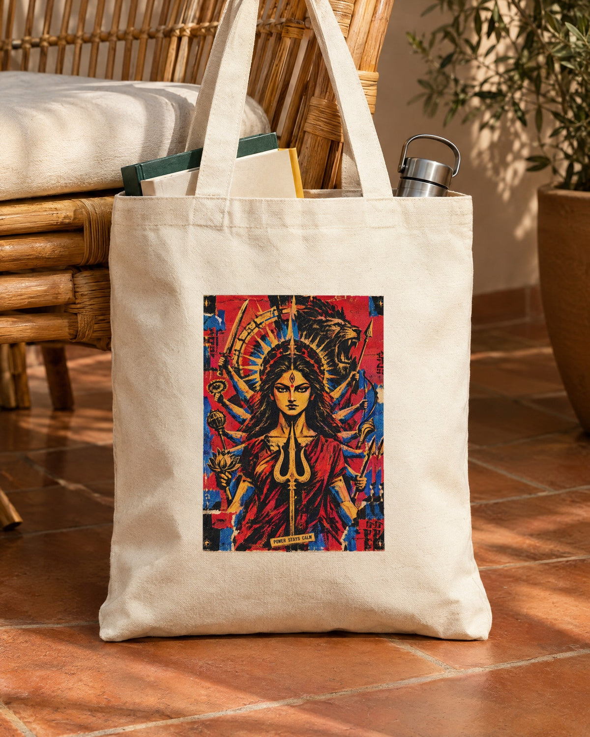 Power Stays Calm – Durga tote bag, tote bag in use