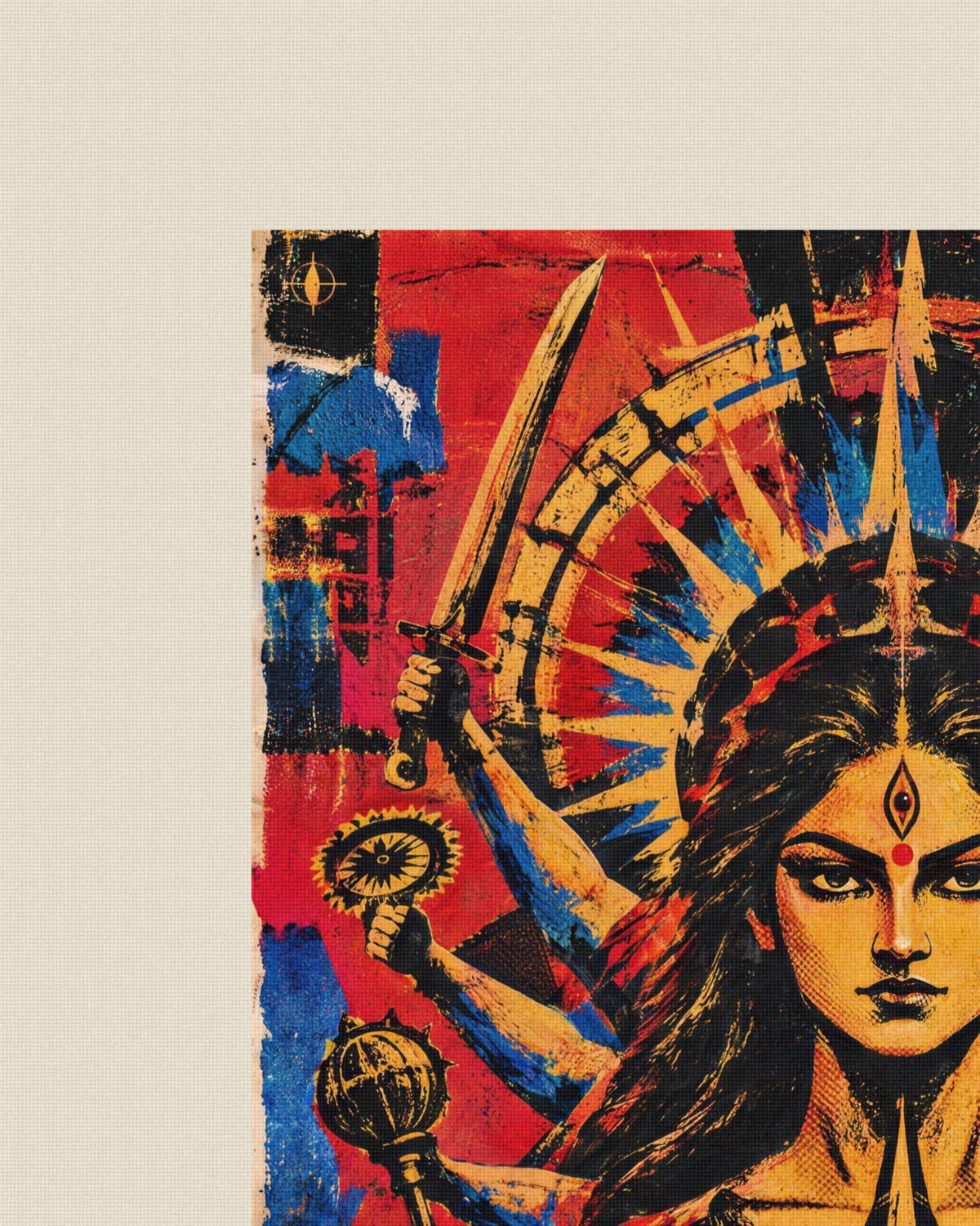 Power Stays Calm – Durga tote bag, print close-up on cotton