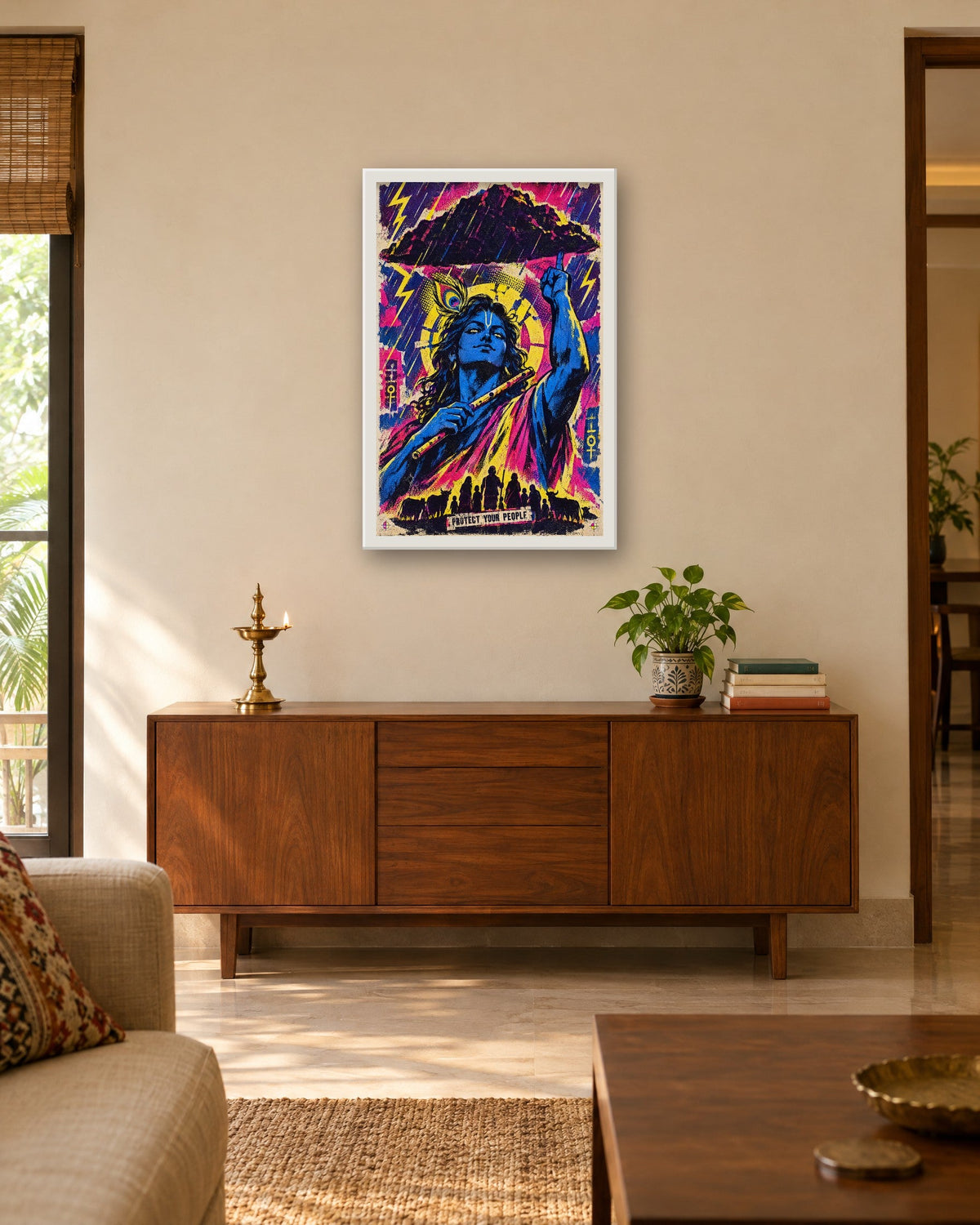 Protect Your People – Krishna framed poster, white frame in a room