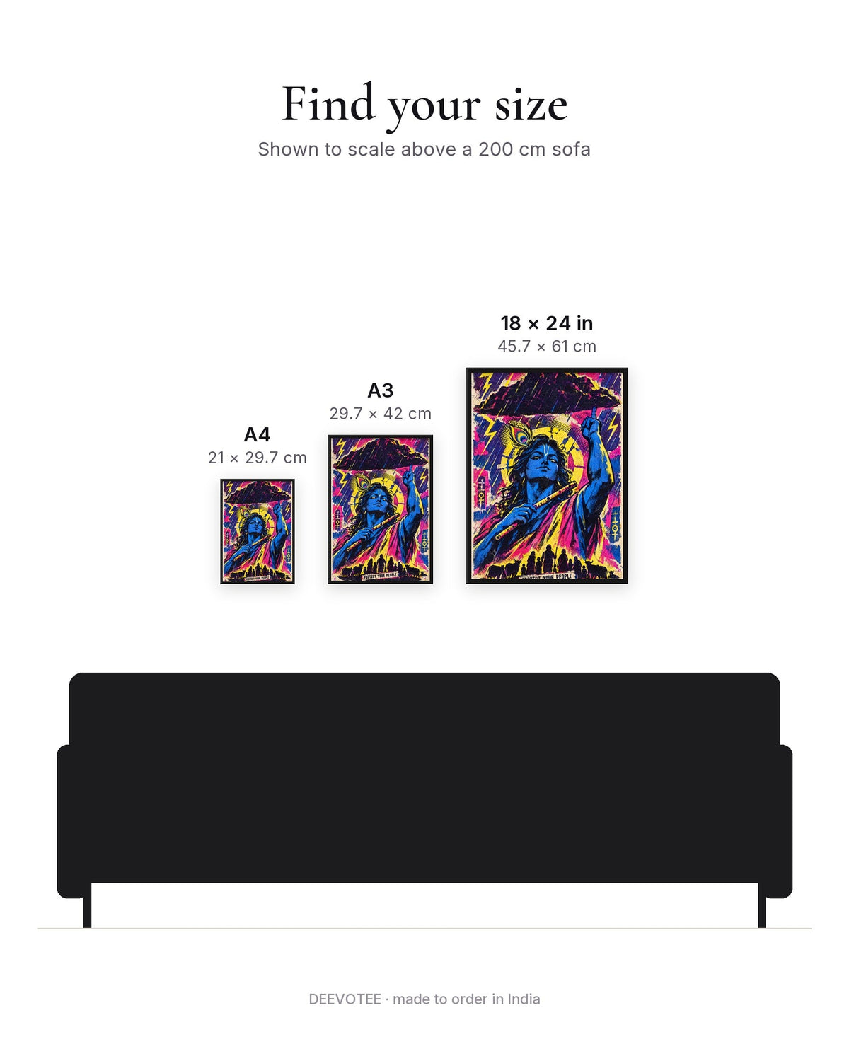 Protect Your People – Krishna framed poster, size guide to scale