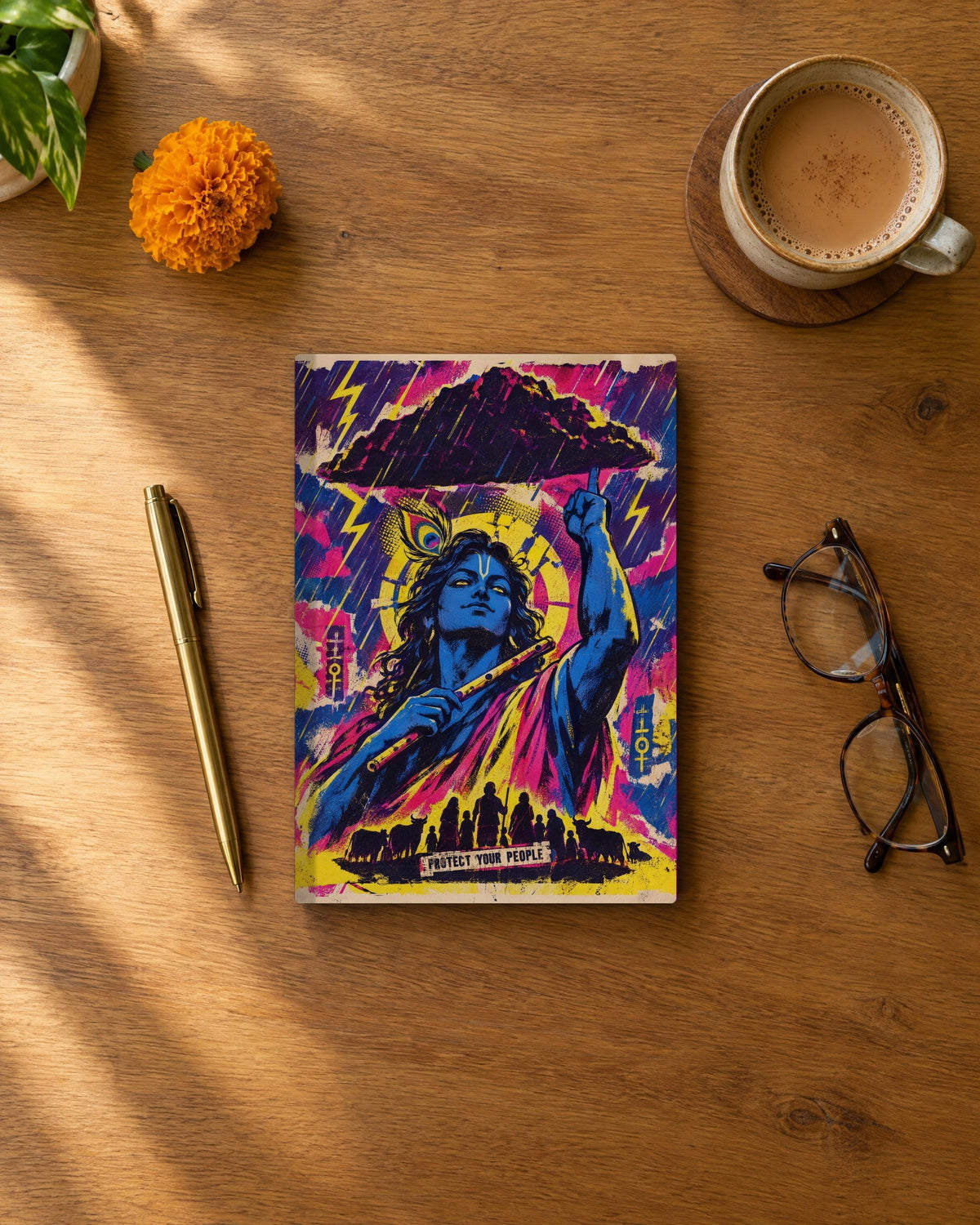 Protect Your People – Krishna daily planner, planner on a wooden desk