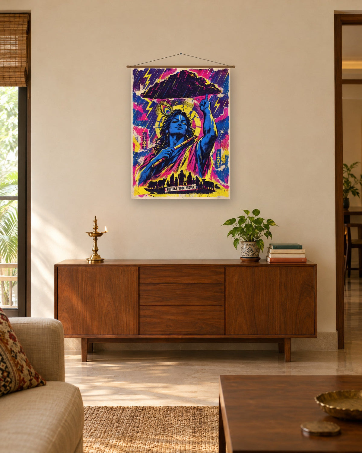 Protect Your People – Krishna tapestry, tapestry in a room