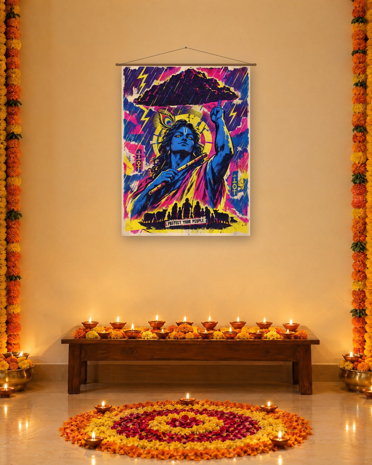 Protect Your People – Krishna tapestry, tapestry in a second room