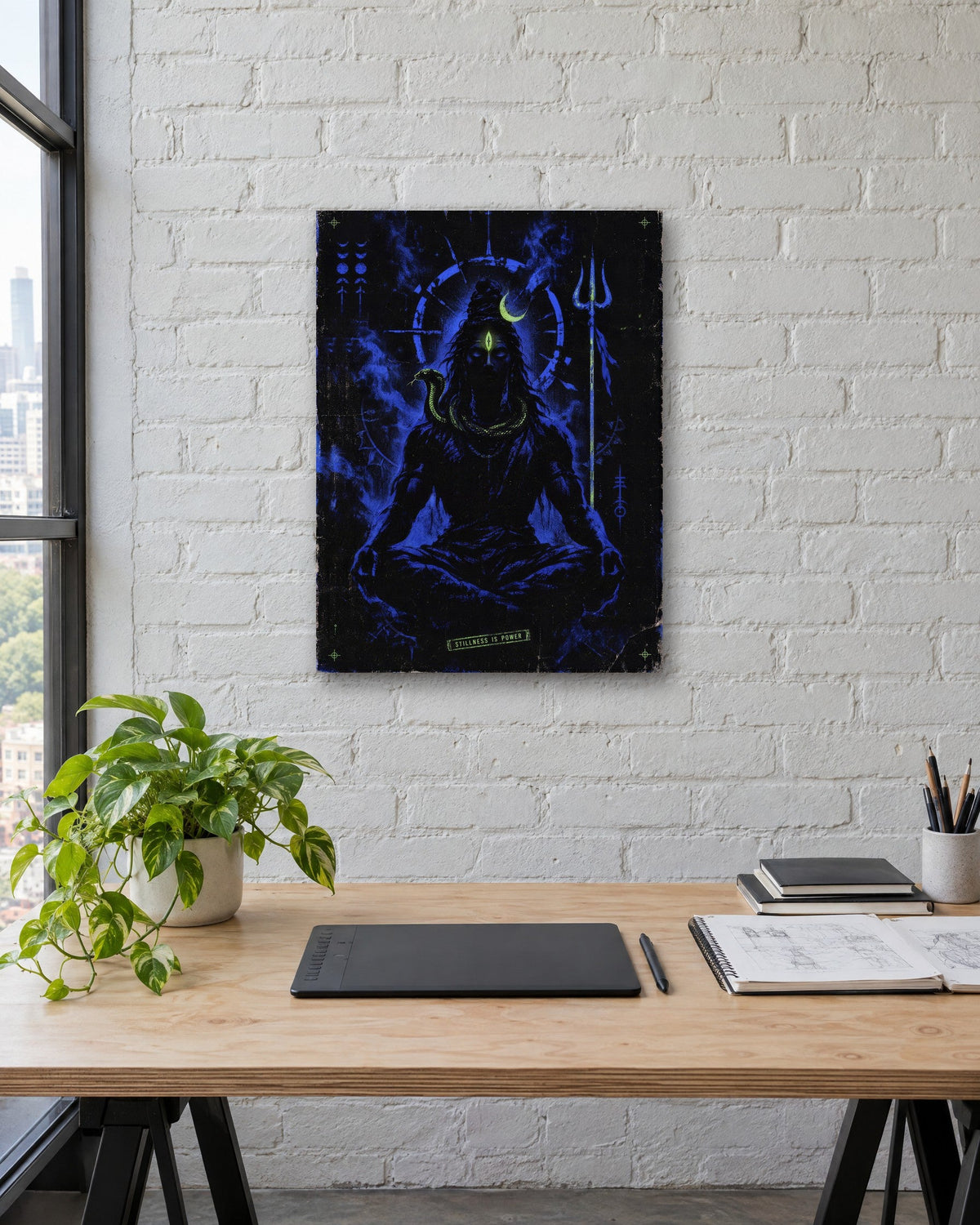 Stillness Is Power – Shiva canvas, canvas in a second room