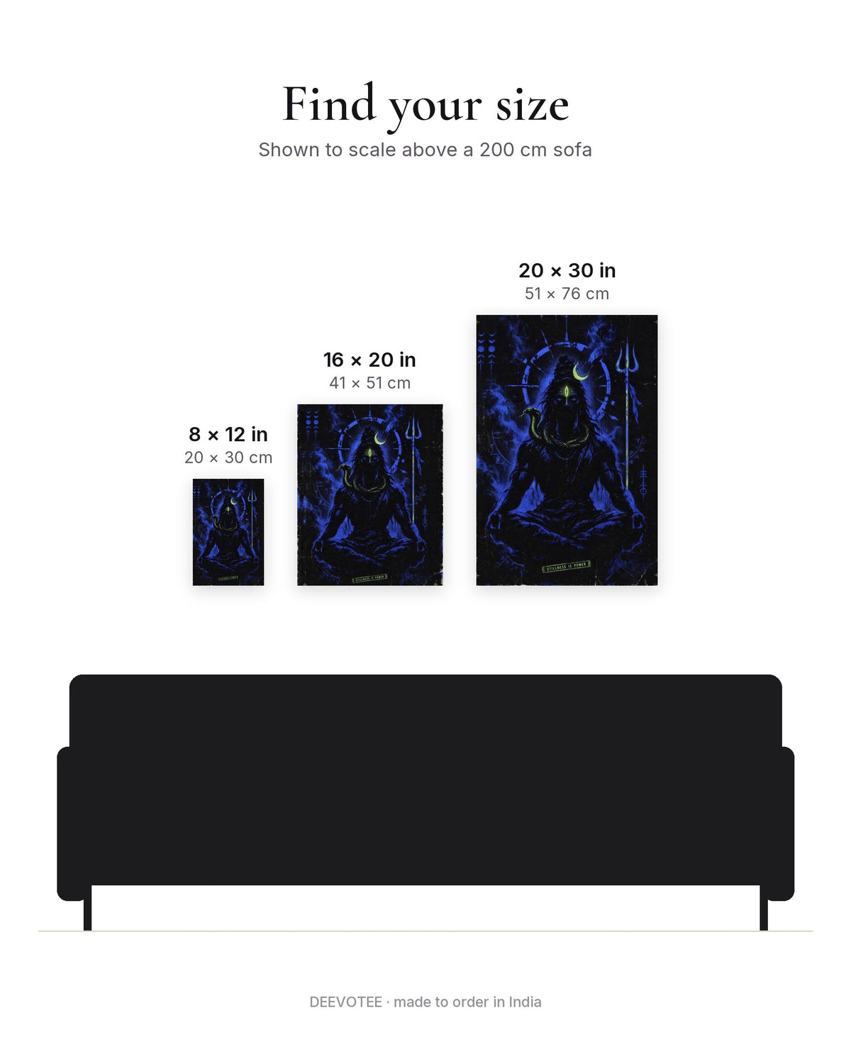 Stillness Is Power – Shiva canvas, size guide to scale