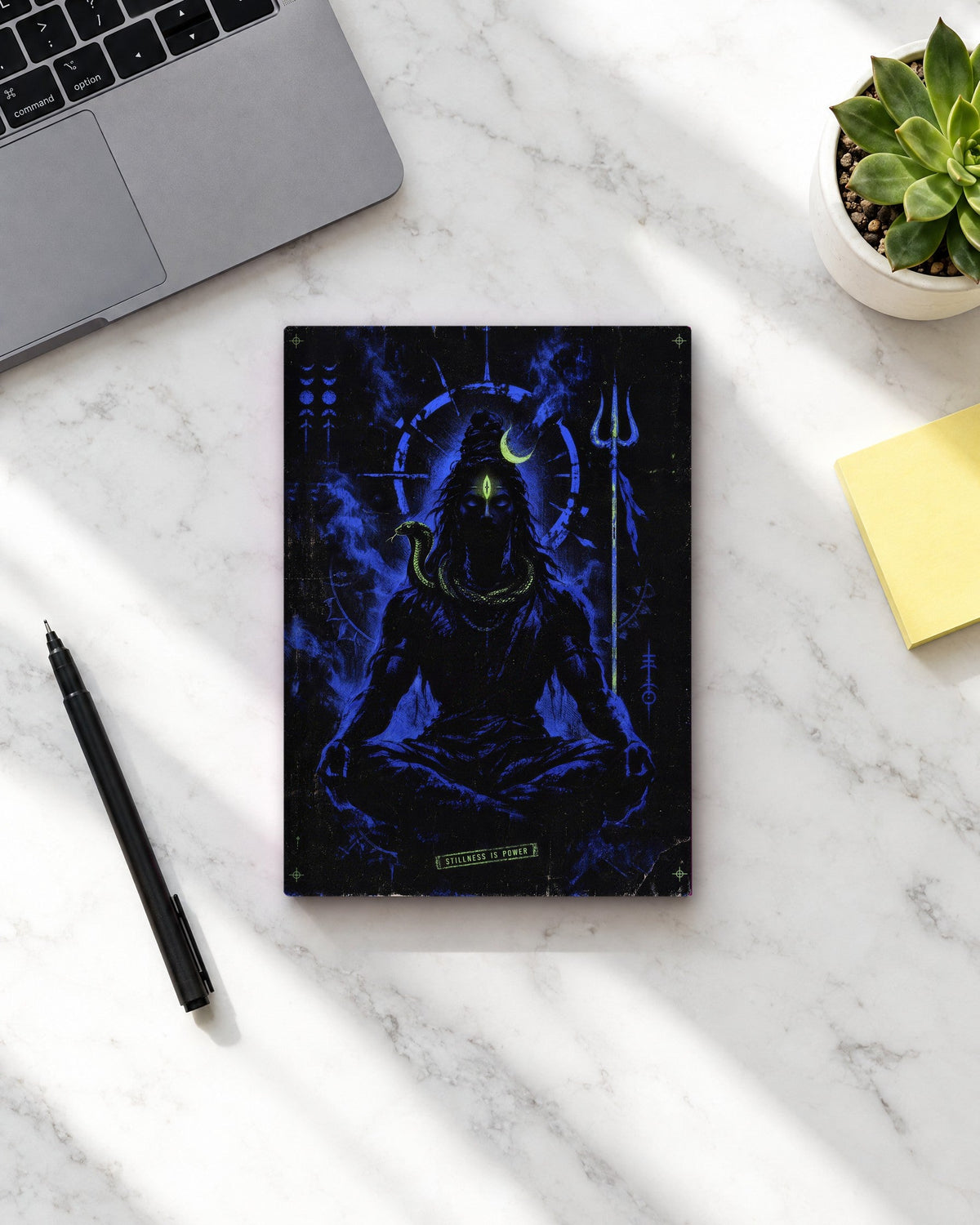 Stillness Is Power – Shiva notebook, notebook on a marble desk