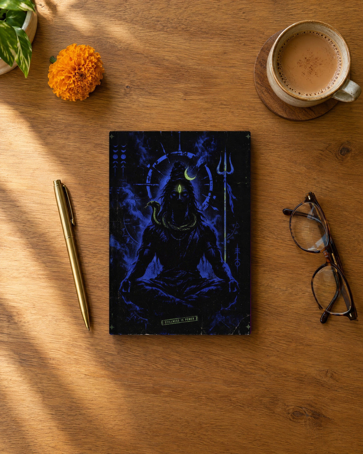 Stillness Is Power – Shiva daily planner, planner on a wooden desk