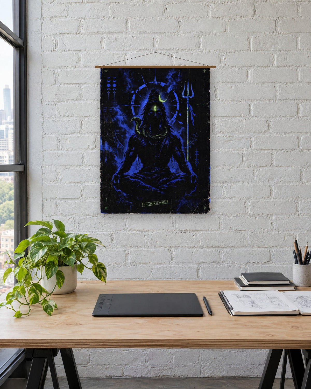 Stillness Is Power – Shiva tapestry, tapestry in a room