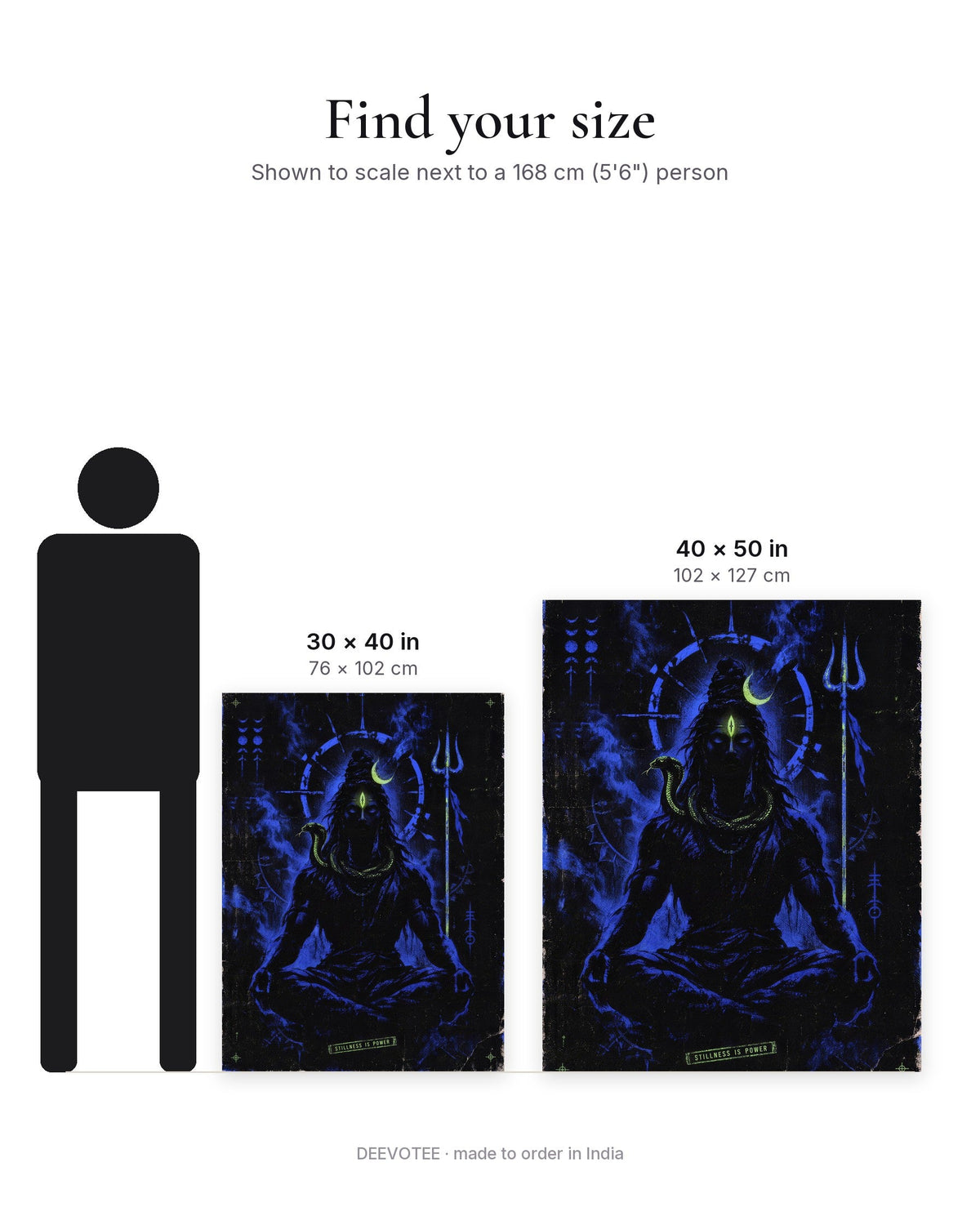 Stillness Is Power – Shiva tapestry, size guide to scale