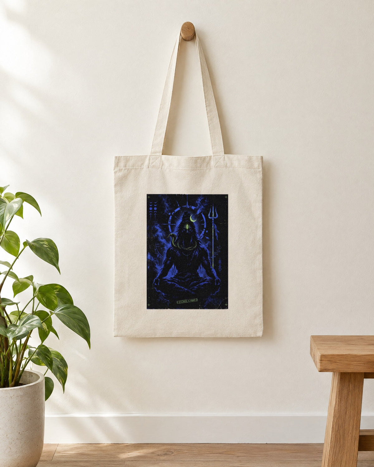 Stillness Is Power – Shiva tote bag, tote bag hanging