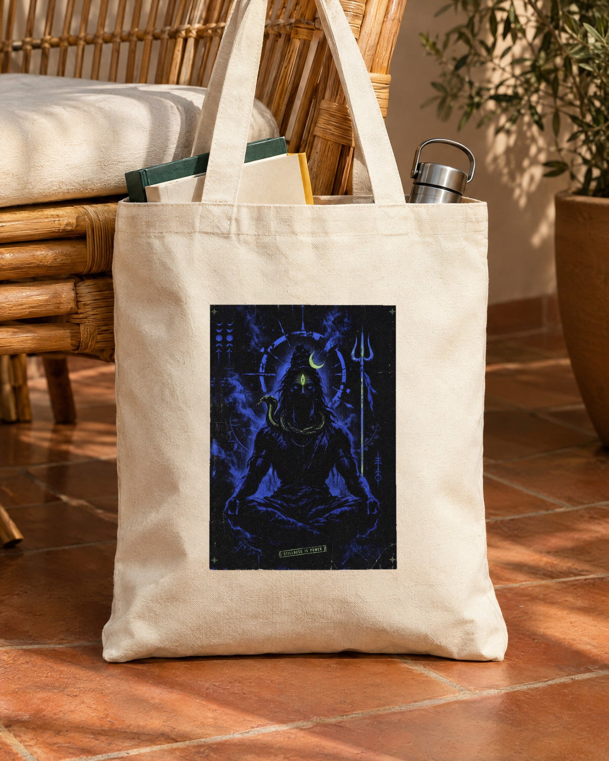 Stillness Is Power – Shiva tote bag, tote bag in use