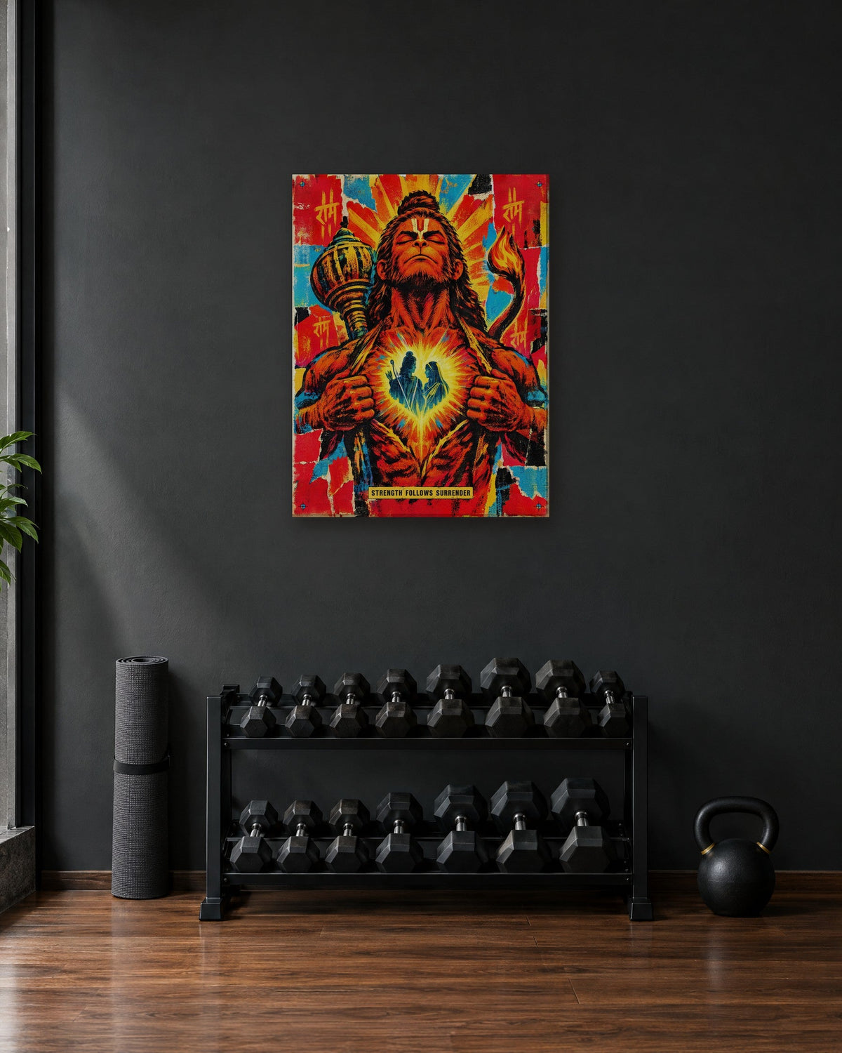 Strength Follows Surrender – Hanuman canvas, canvas in a second room