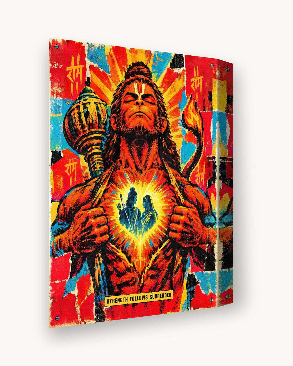 Strength Follows Surrender – Hanuman canvas, canvas edge close-up