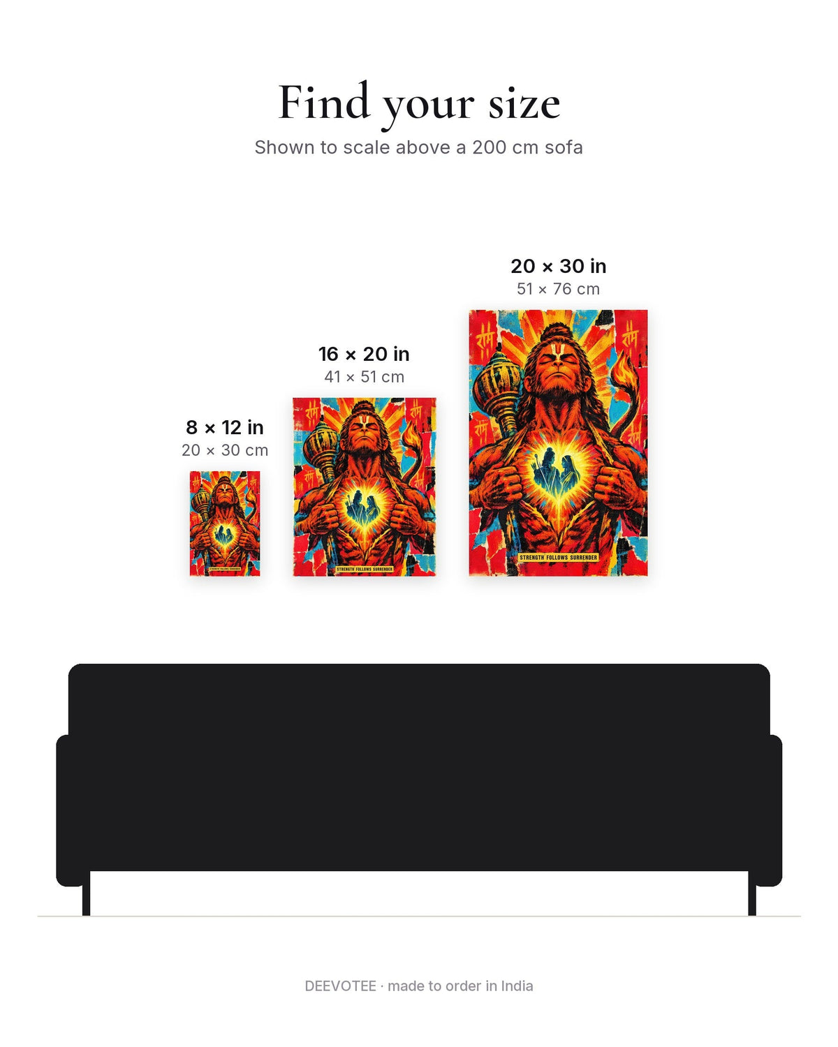 Strength Follows Surrender – Hanuman canvas, size guide to scale
