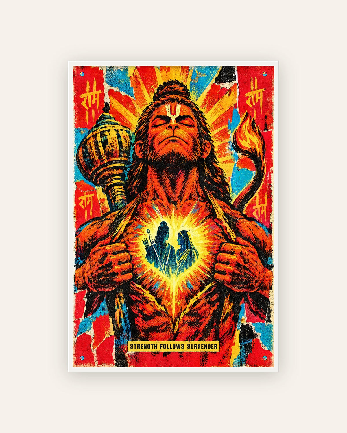 Strength Follows Surrender – Hanuman framed poster, framed print, white frame